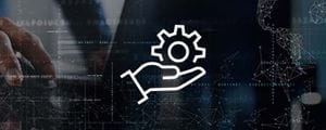 Long white icon, hand holding a gear on faded abstract background.