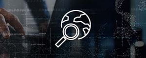 Long white icon, globe with magnifying glass on faded abstract background.