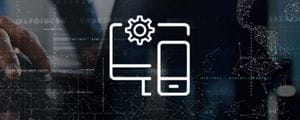 Long white icon, mobile phone and desktop with a gear on faded abstract background.
