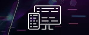 Long white icon, a mobile phone and desktop computer with lines of text on faded abstract background.