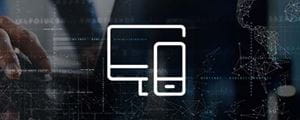 Long white icon, mobile phone and desktop on a faded abstract background.