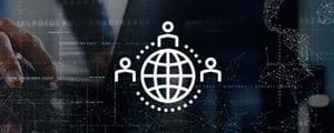 Long white icon, people connected aroud the globe on faded abstract background.