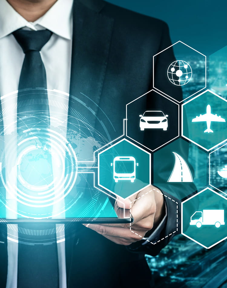 A man holding a tablet with auto icons outside the screen. 