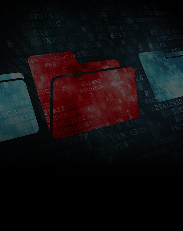 Red and blue file folders with digital code going across the screen horizontally.