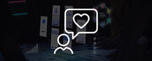 Long white icon, a person with a speech bubble containing a heart on faded abstract background.